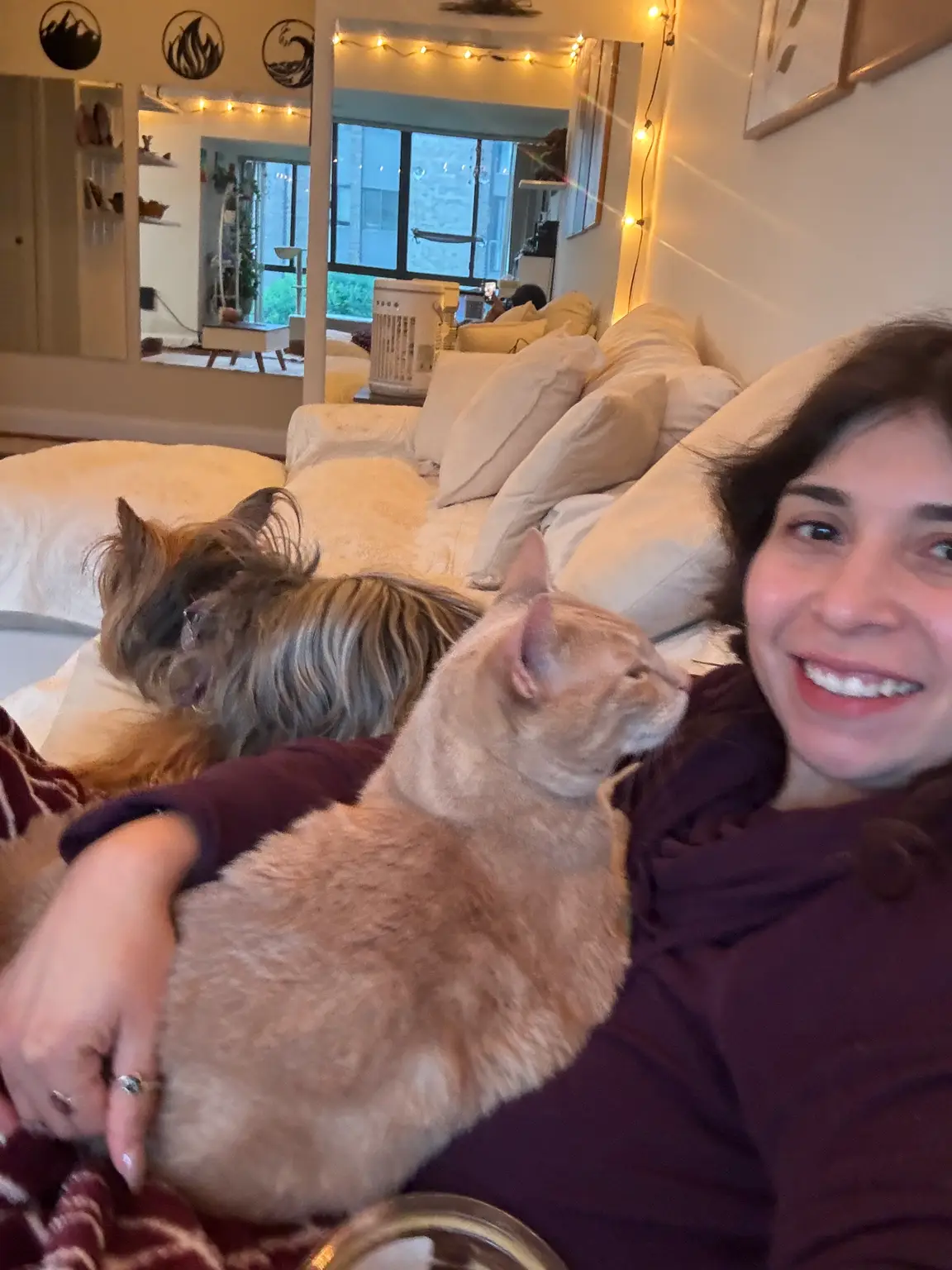 Michelle relaxing at home with her orange cat Leo and gentle dog Luna